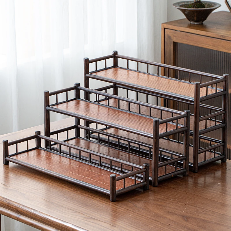 茶杯架子茶具茶器收纳架茶桌紫砂壶摆放架复古棕博古架小型置物架