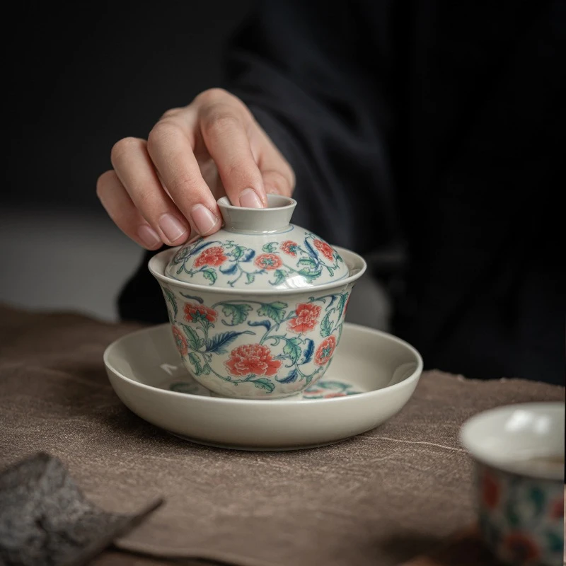 釉里红茶盖碗茶杯茶具复古陶瓷家用中式泡茶器三才套组茶功夫茶