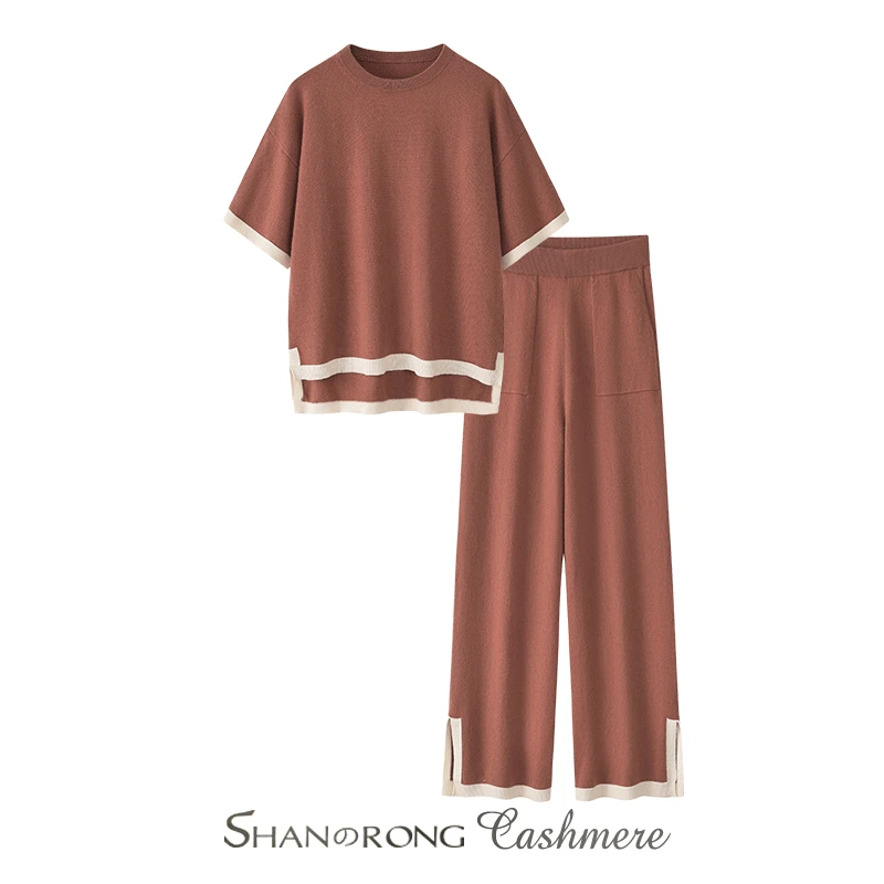 100%山羊绒套装女两件套2024早秋新款居家休闲舒适短袖上衣+长裤
