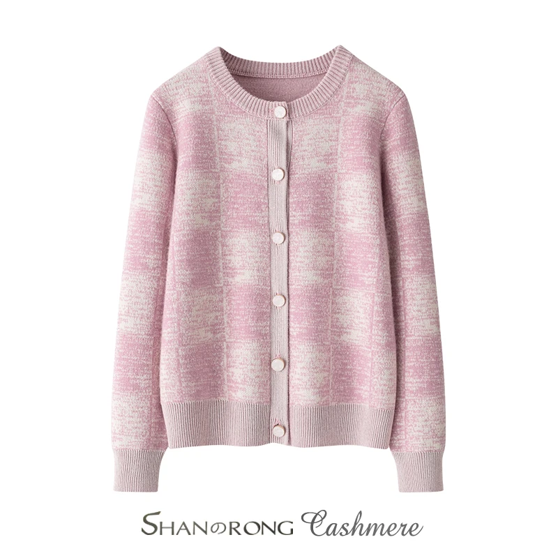 双色短款~100%纯山羊绒开衫女圆领秋冬新品加厚保暖针织毛衣外套