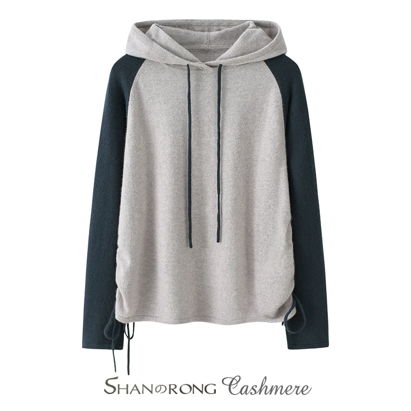 运动风连帽针织卫衣女100%纯山羊绒抽绳宽松保暖针织衫2024年秋冬