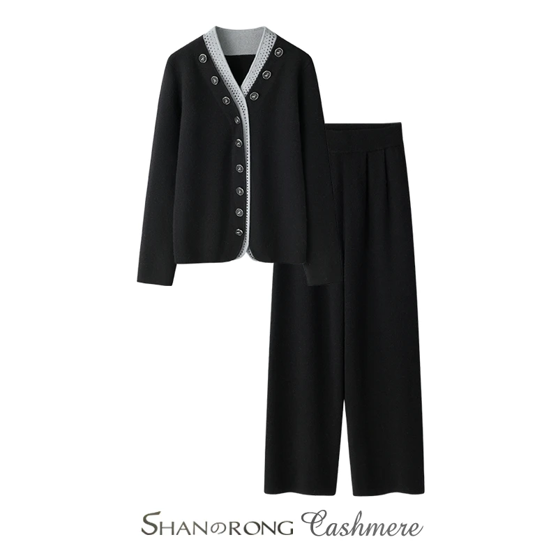 重磅加厚保暖~100%纯山羊绒开衫女V领秋冬新品加厚针织阔腿裤套装