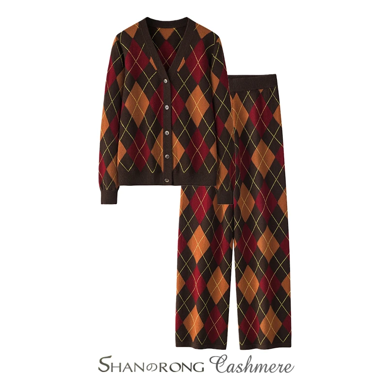 美拉德秋冬针织套装100纯山羊绒开衫女直筒裤外穿针织保暖亲肤