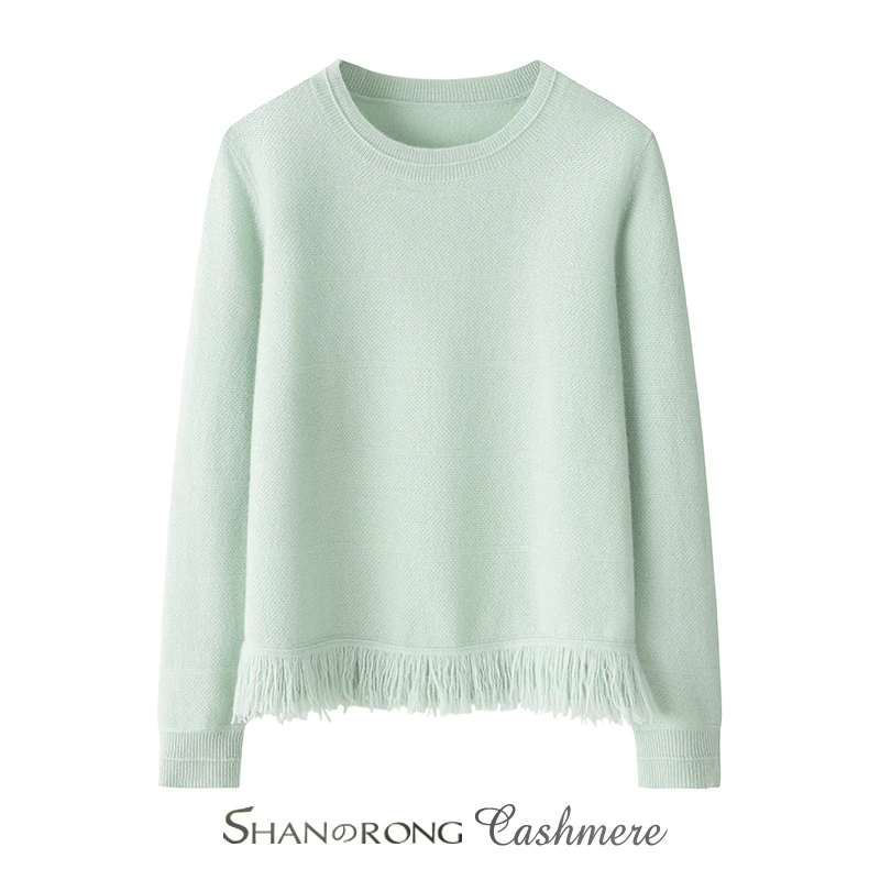 流苏羊绒针织衫女100%纯山羊绒秋冬保暖桂花针宽松直筒套头毛衣
