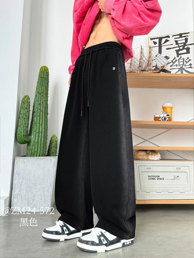 冬季男休闲裤重磅加绒加厚水洗复古扎染百搭美式弯刀裤宽松直筒裤