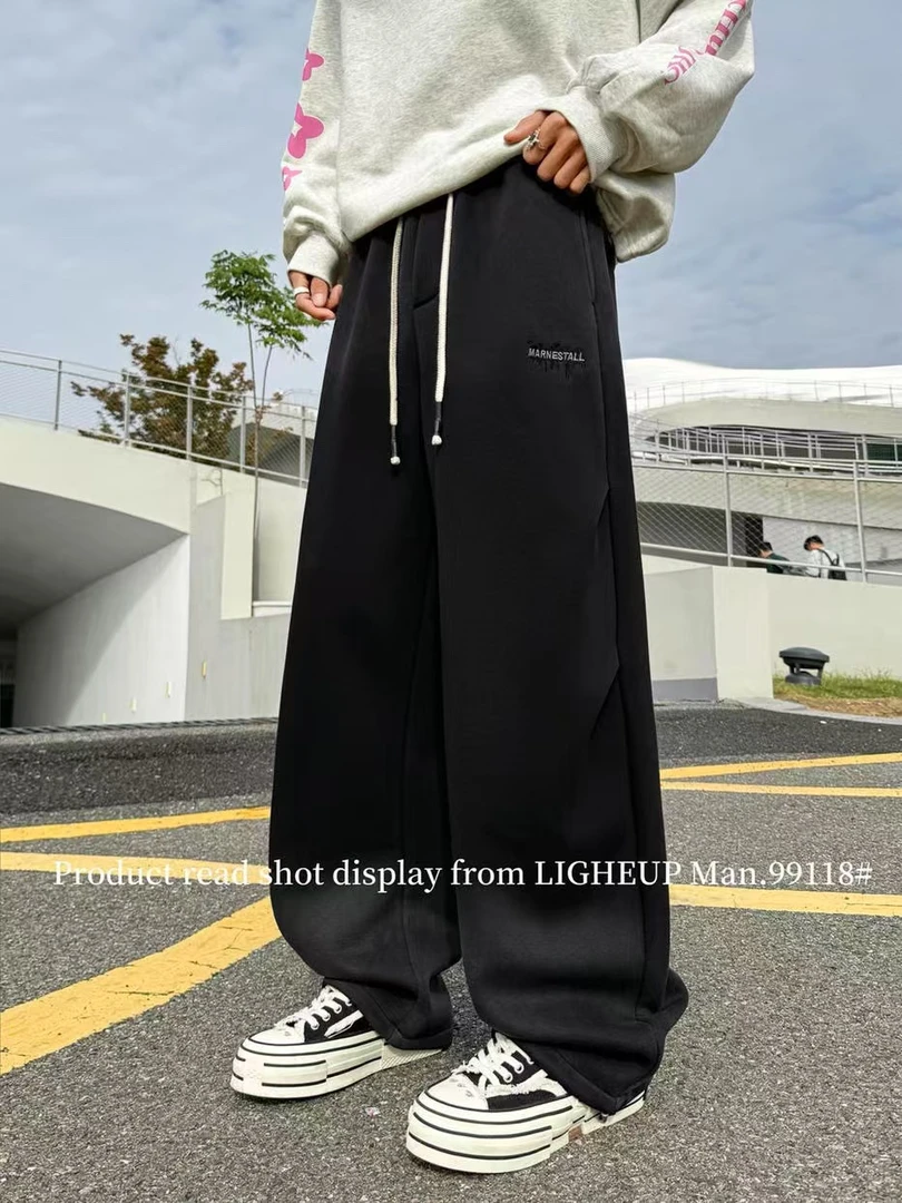 男休闲裤重磅加绒加厚水洗复古扎染褶皱百搭美式弯刀裤宽松直筒裤