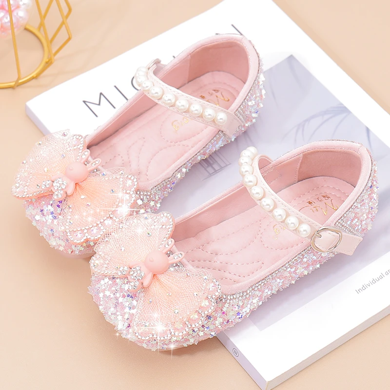 女童皮鞋2025春秋新款百搭单鞋儿童水晶鞋软底小女孩爱莎公主鞋子