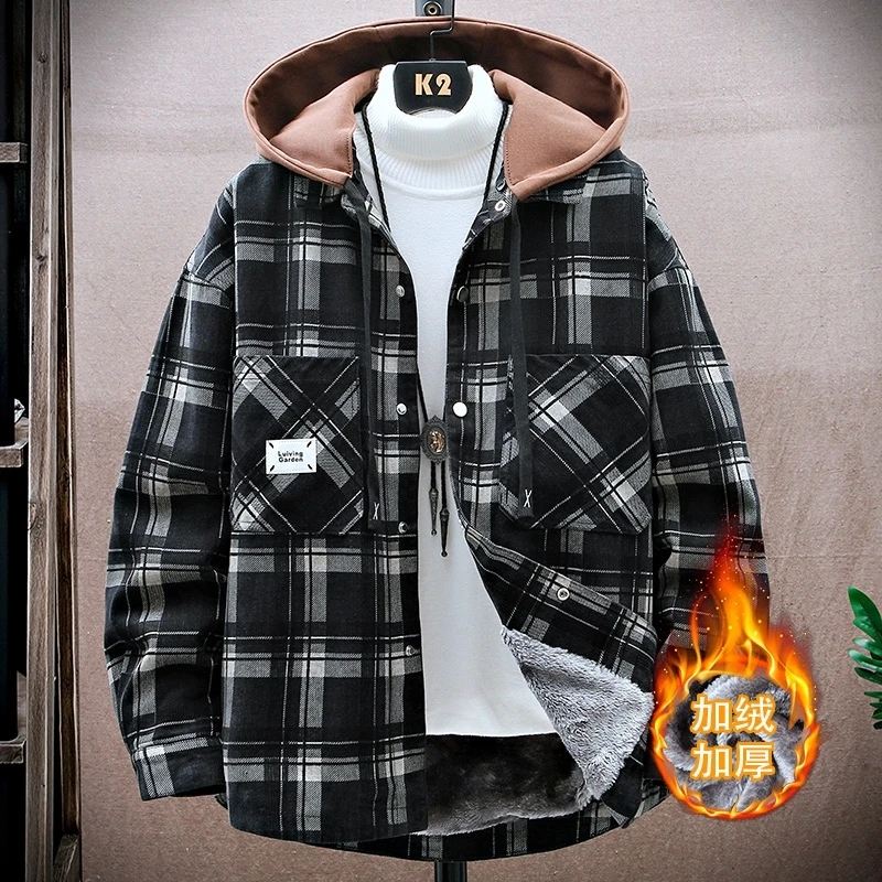 秋冬加绒加厚牛仔男夹克青少年学生修身保暖外套个性字母ins连帽