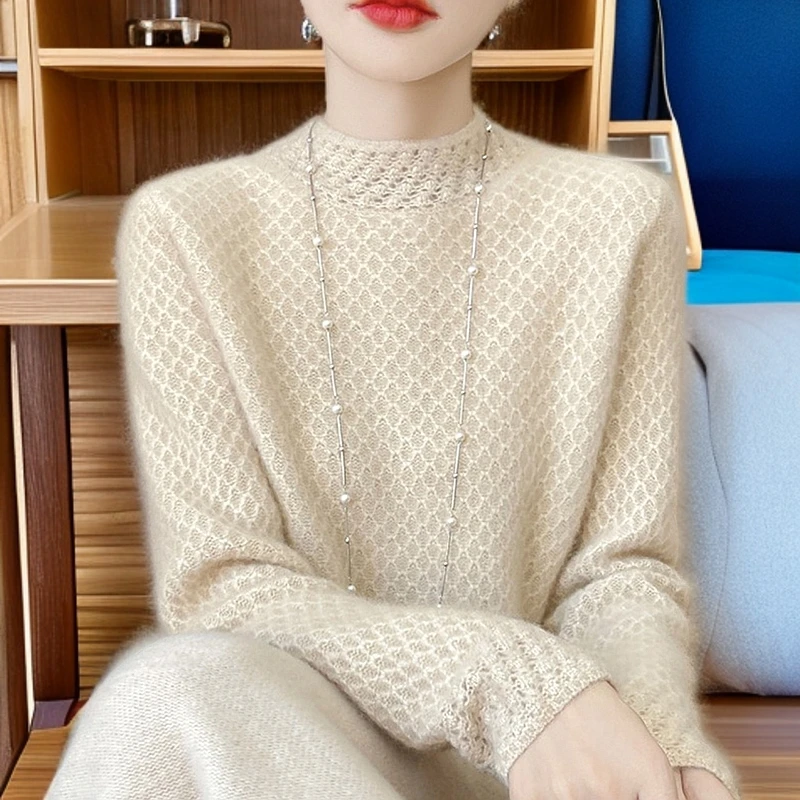 100纯羊毛衫女秋冬加厚百搭打底衫半高领宽松纯色羊绒衫时尚毛衣