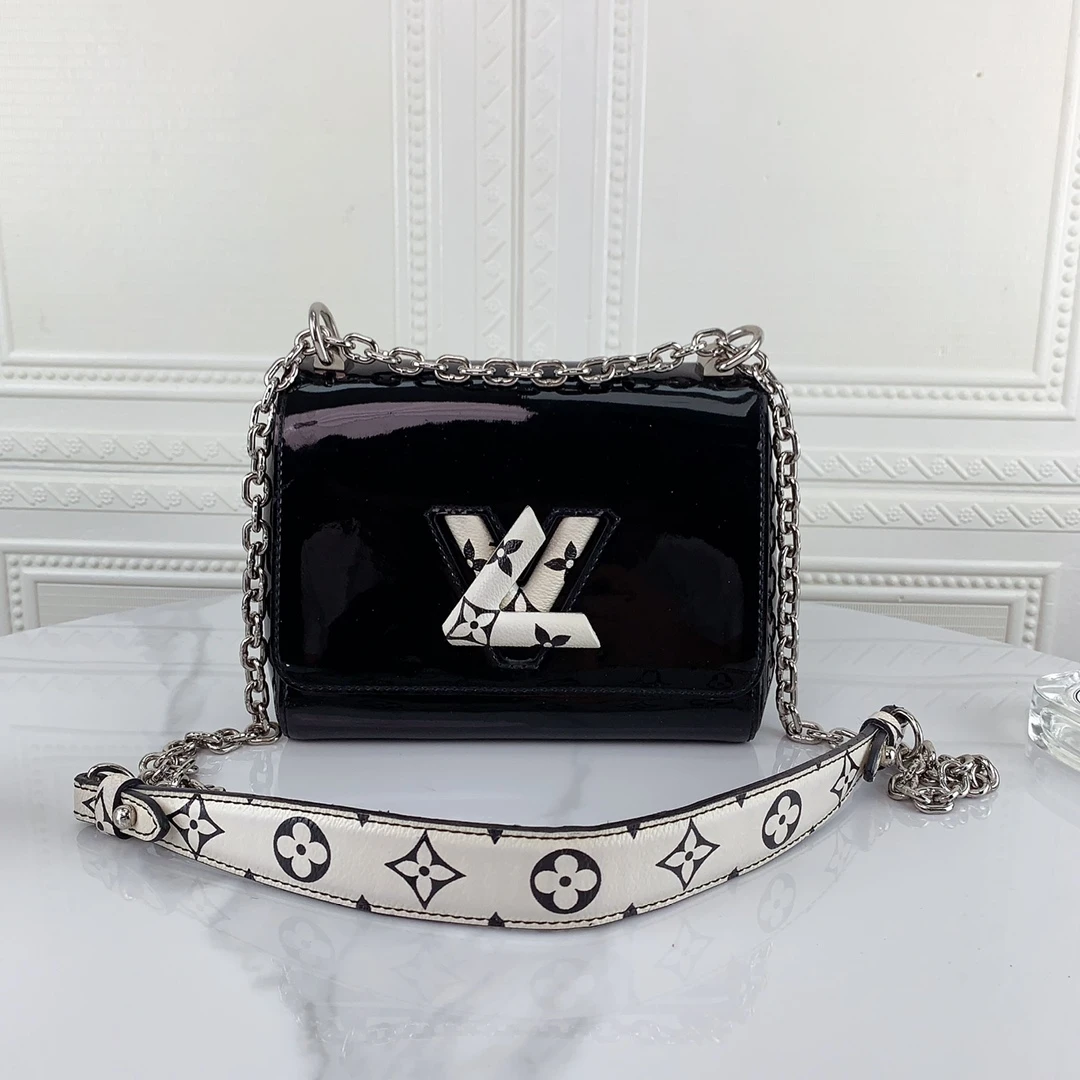 95新 LouisVuitton/路易威登 黑色漆皮twist小号扭扭链条包二奢包