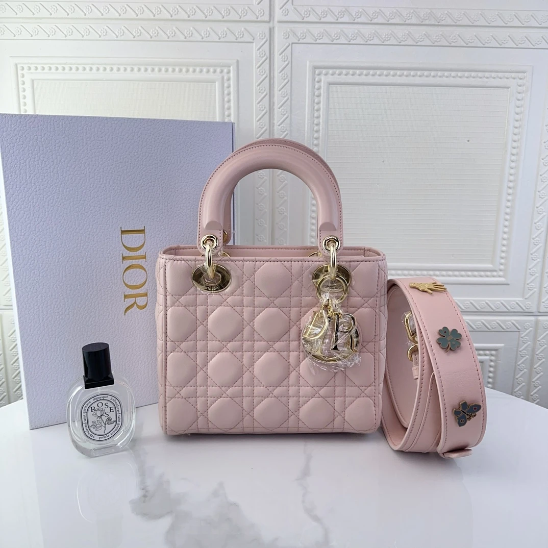 99新 DIOR/迪奥 女士时尚经典四格戴妃樱花粉单肩斜挎二奢包包