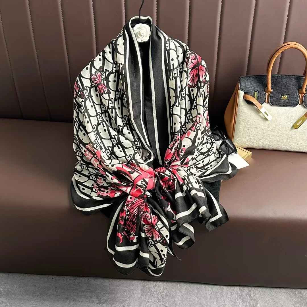 【粉色蝴蝶字母】棉麻长款印花围巾男女休闲保暖围脖时尚百搭披肩