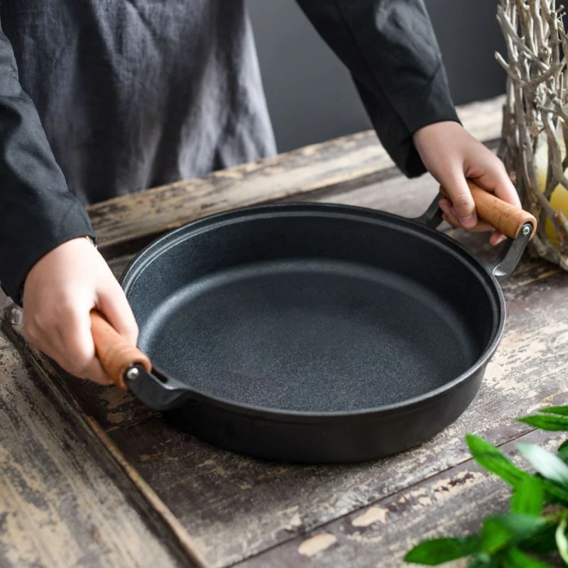 新款木把30cm-33cm加深水煎包锅加厚铸铁平底家用烙饼锅水煎包锅