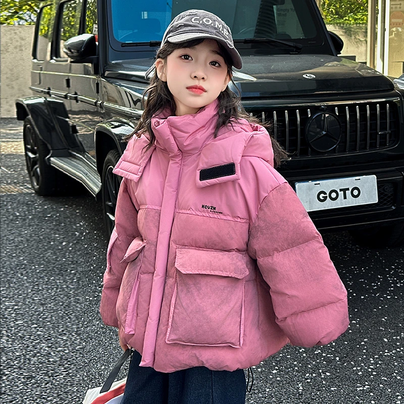 女童短款拼色羽绒服2024新款韩版女孩加厚保暖立体大口袋休闲外套