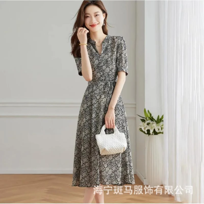 B23009~斑马真丝短袖连衣裙2024夏季洋气收腰100%桑蚕丝连衣裙