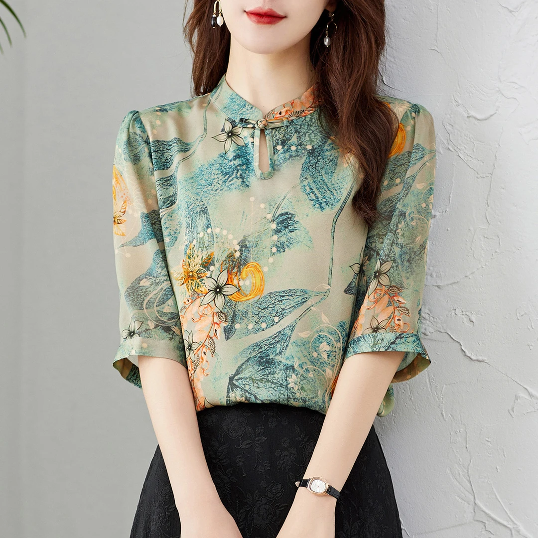 【花朝】2024真丝桑蚕丝衬衫小众气质时尚夏季设计感透气23039
