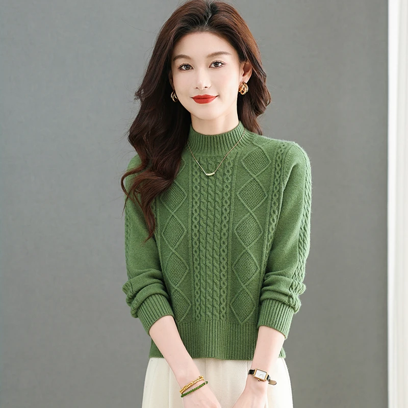 秋冬季上衣女半高领精致提花套头毛衣针织打底——86186