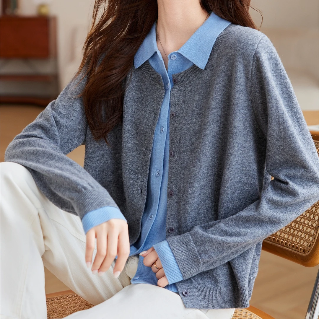 早秋时髦100纯羊毛拼接假两件针织衫春秋气质长袖洋气百搭打底