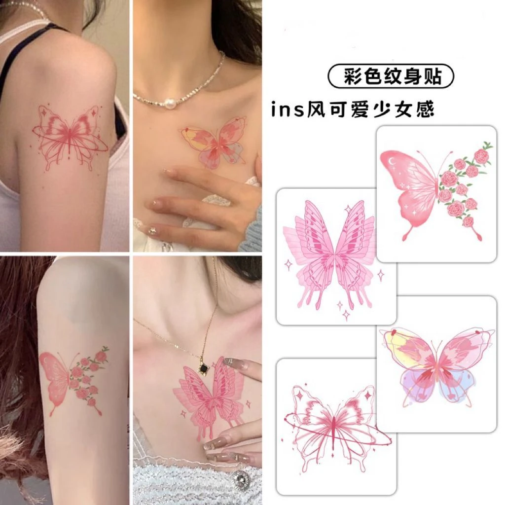 彩色蝴蝶纹身贴防水ins女持久新款性感手臂锁骨少女网红仿真贴纸