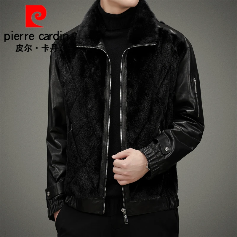 皮尔卡丹水貂毛外套男流行翻领真皮皮衣皮毛一体头层山羊皮夹克冬