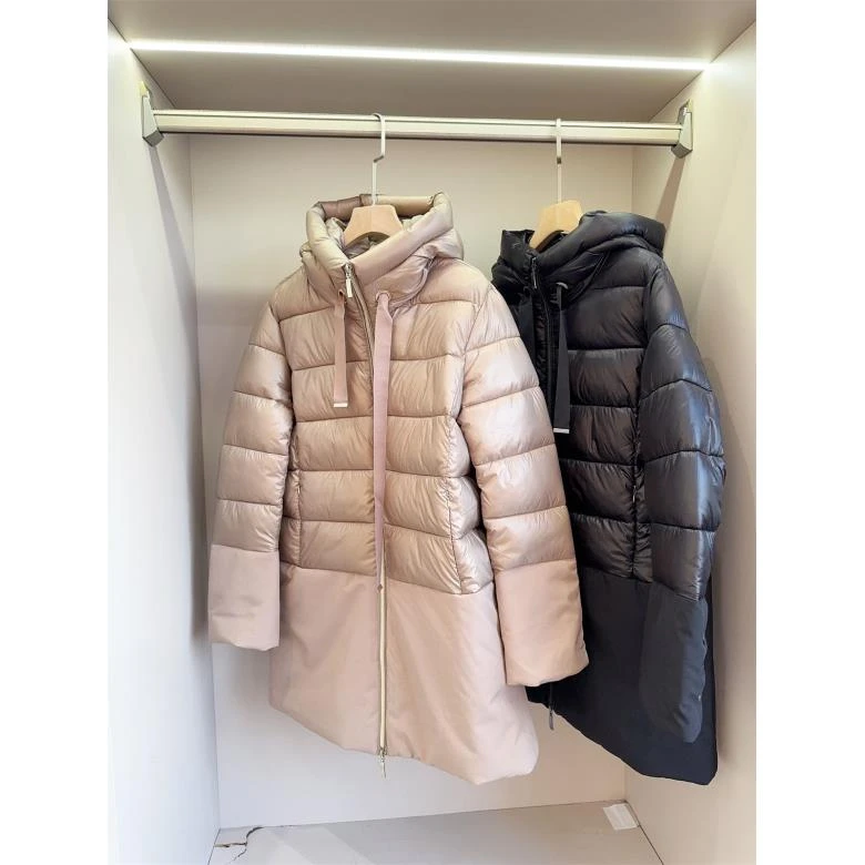 106欧 连帽中长款拼接棉服女