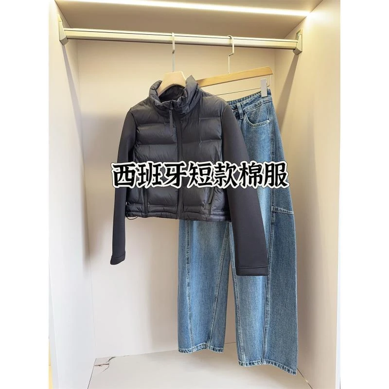 黑色立领压胶拼接棉服短外套