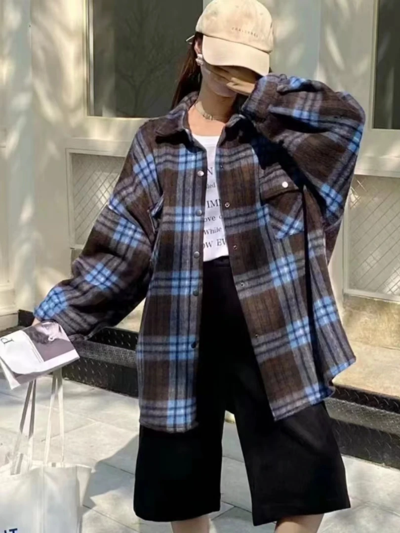 (张丹丹）复古磨毛格子衬衫女加厚新款秋冬韩版宽松百搭毛呢外套