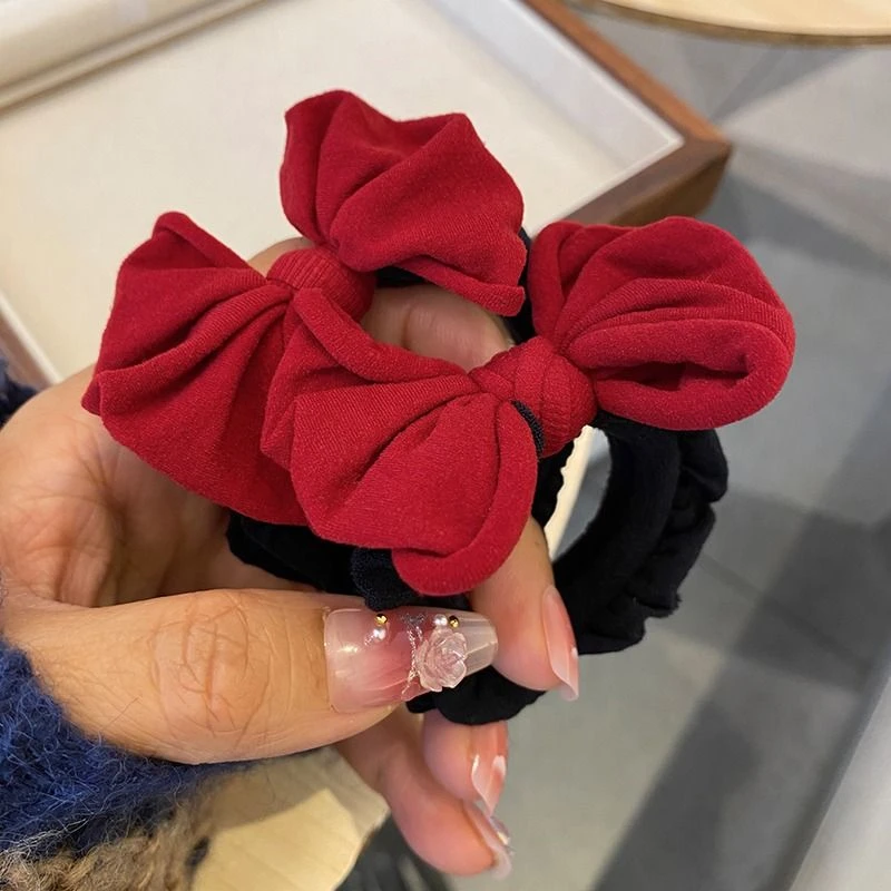 头发喜庆头绳新年红色蝴蝶结发绳无缝秋冬发圈加厚皮筋高弹力伤发