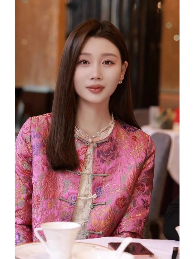 印花外套新中式粉色高端宋锦外套女2025春新款小个子短款唐装上衣