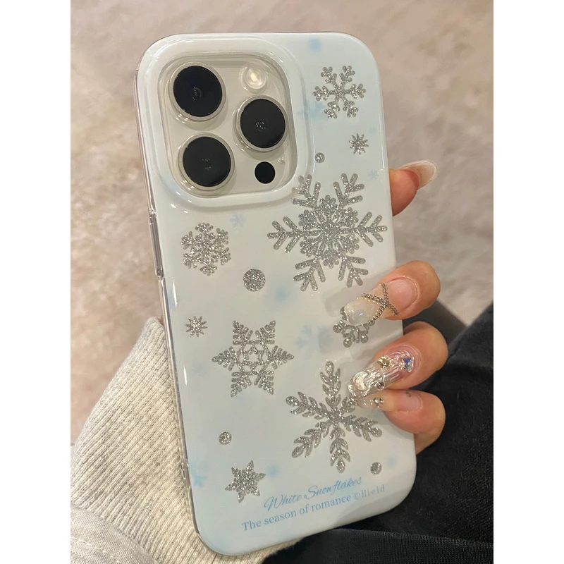 少女蓝色闪粉雪花适用iPhone15promax苹果14手机壳13新款12双层软