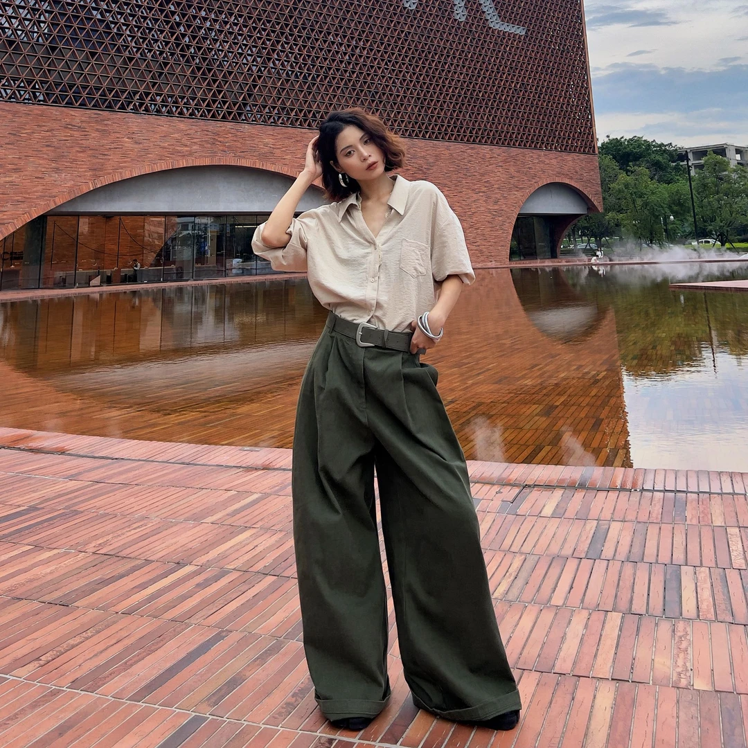 老钱风通勤休闲时尚宽脚工装裤女直筒休闲裤（配腰带）XX88219X#