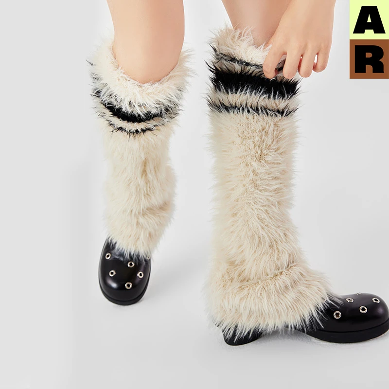 AR原创r线撞色毛毛袜套2023新款保暖袜子护腿防滑过膝腿套基础线