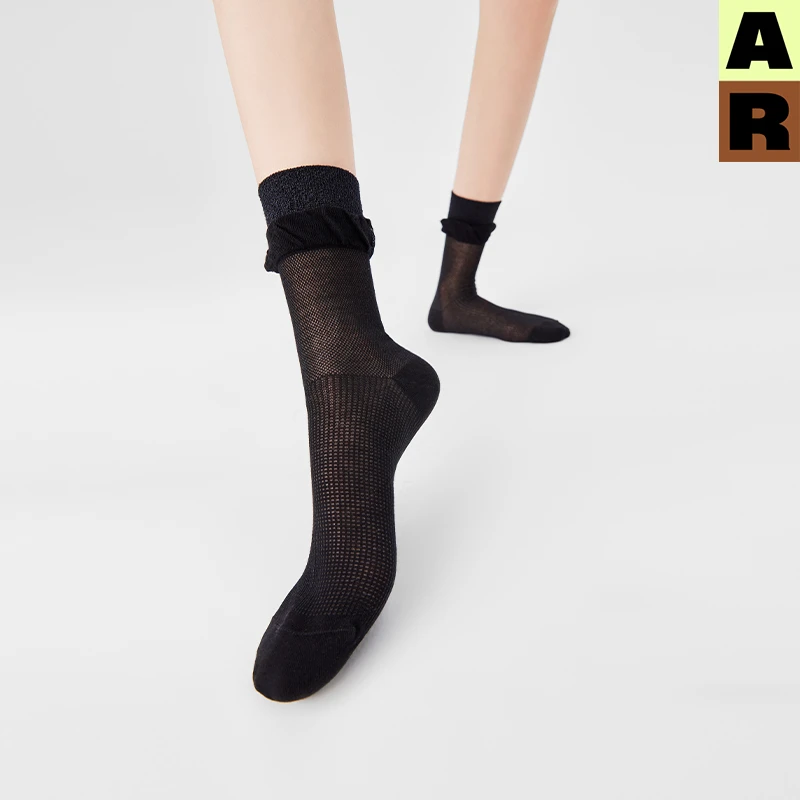 AR|花边短袜亮光丝网眼基础百搭玻璃丝袜女水晶袜薄