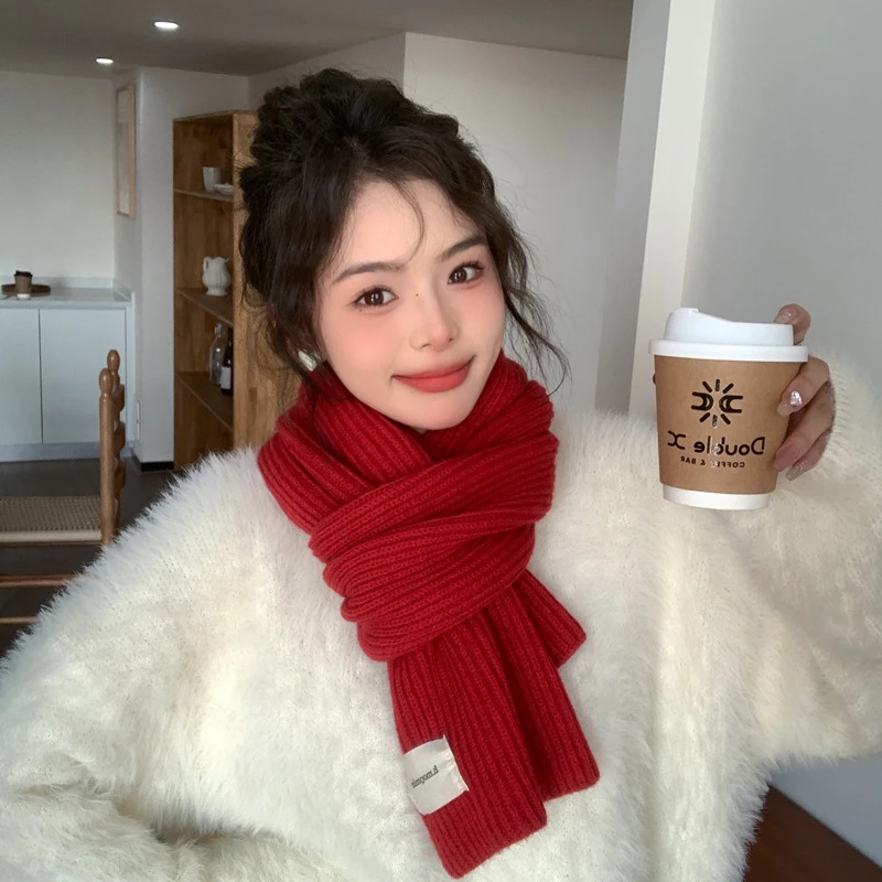 啄木鸟针织毛线围巾女冬季新款百搭纯色情侣保暖红色马年韩版围脖