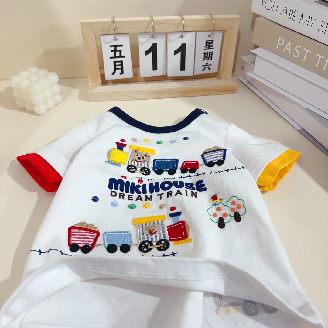 24新款日系MK豪华小火车宝纯棉短袖T恤夏季刺绣薄款儿童上衣白色