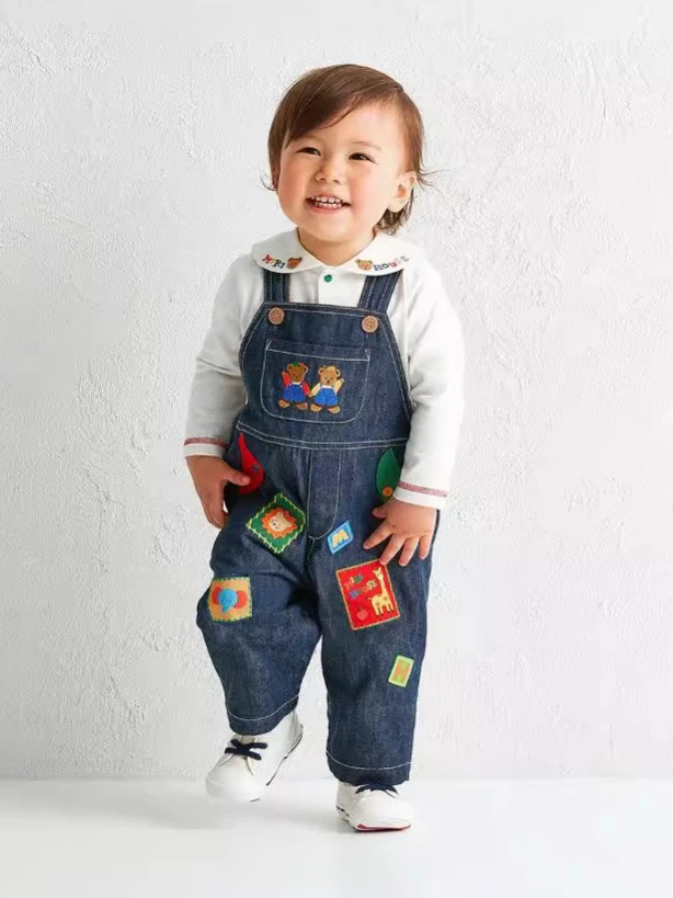 24新款Miki新款牛仔背带长裤男女儿童卡通多标动物绣花洋气背带裤