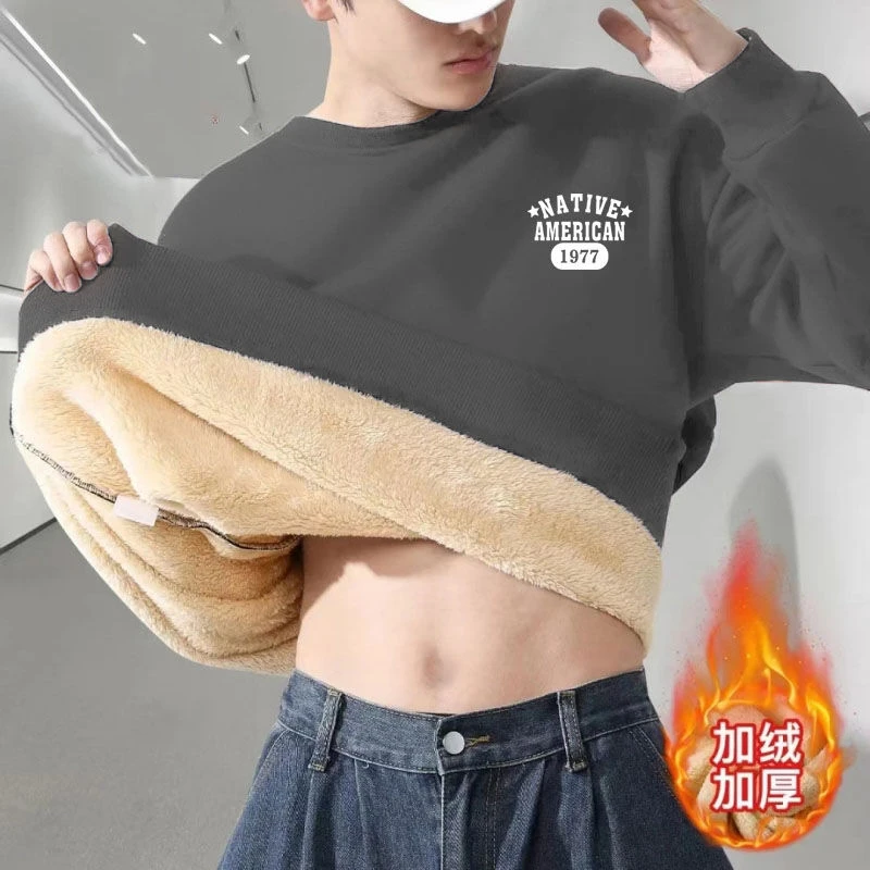新款男士圆领保暖防严寒羊羔绒加绒卫衣加厚冬季上衣宽松休闲衣服