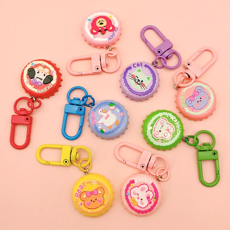 卡通动物仿真瓶盖钥匙扣少女心可爱小熊小兔背包挂件情侣礼物挂饰