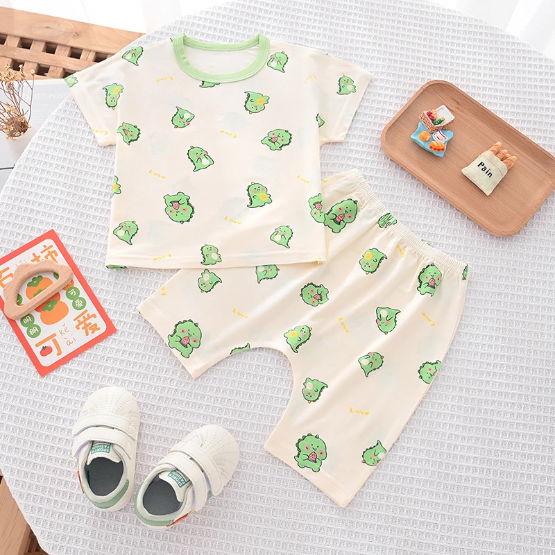 夏季男女宝宝短袖套装女童薄款空调家居服儿童半袖七分裤莫代尔棉