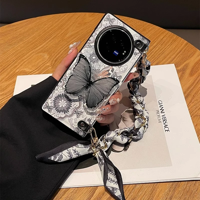 适用vivo x fold3 pro手机壳xfold5折叠壳蝴蝶支架手提丝巾链皮质