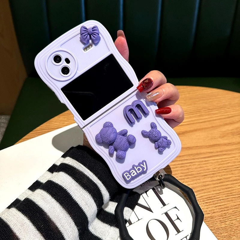 适用于vivo XFlip手机壳卡通紫色小熊兔子可爱波浪硅胶女款保护套