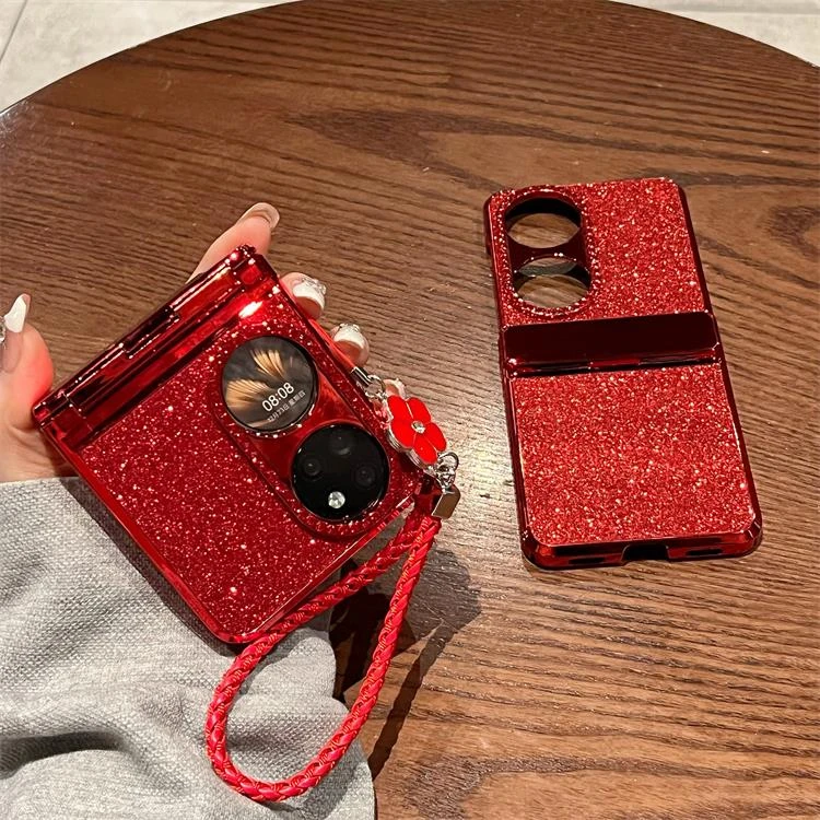 适用于华为p50 pocket 2手机壳奢华镶钻闪粉山茶花手链全包保护套