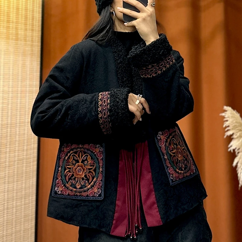 2024冬季新款唐装棉麻绣花加厚棉衣女对襟流苏开衫民族风棉服外套
