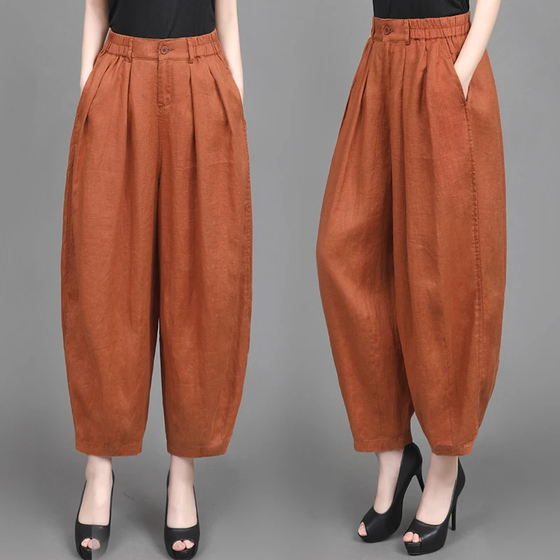 2025春夏新款复古雨露麻哈伦裤女民族风捏褶口袋灯笼裤休闲九分裤