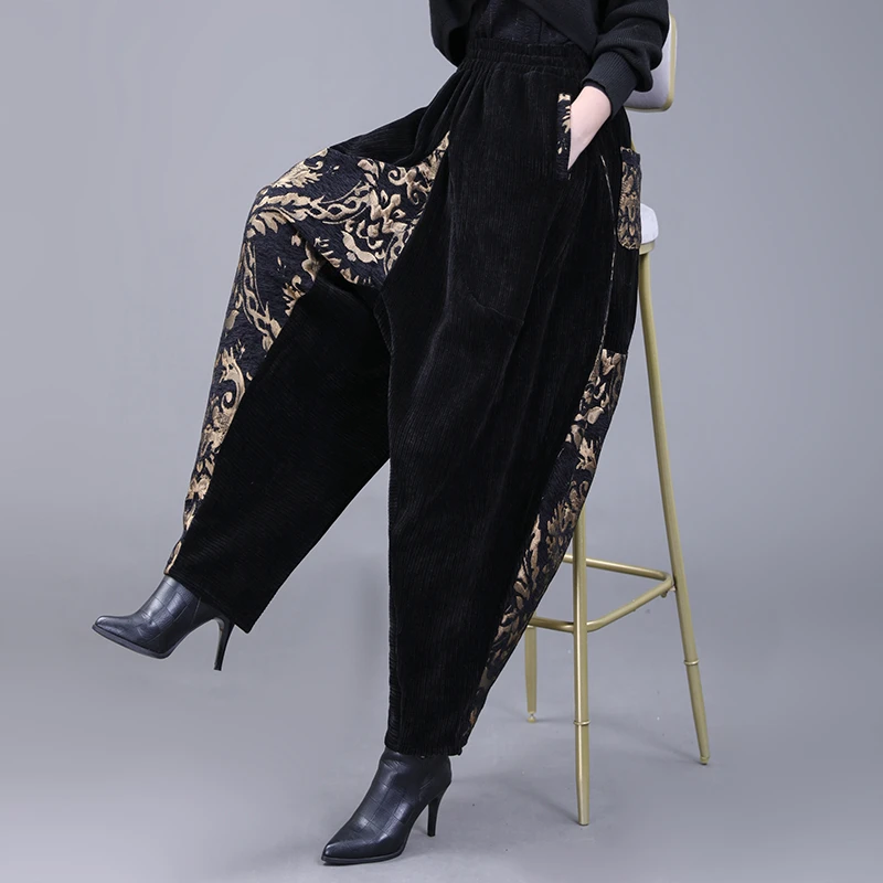 春秋品牌灯笼裤女哈伦裤个性不对称厚款拼接宽松垂感绣花休闲裤子