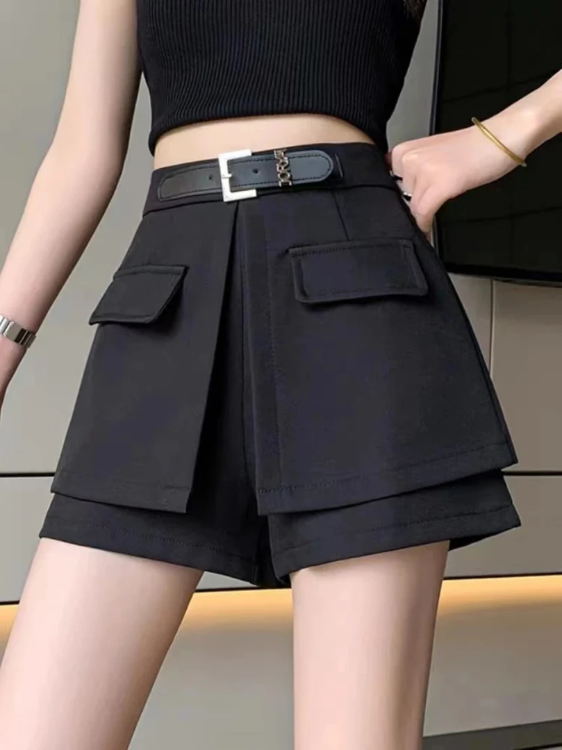 韩版短裤女秋冬季半身裤裙2024新款外穿假两件A字时尚黑色裤裙潮