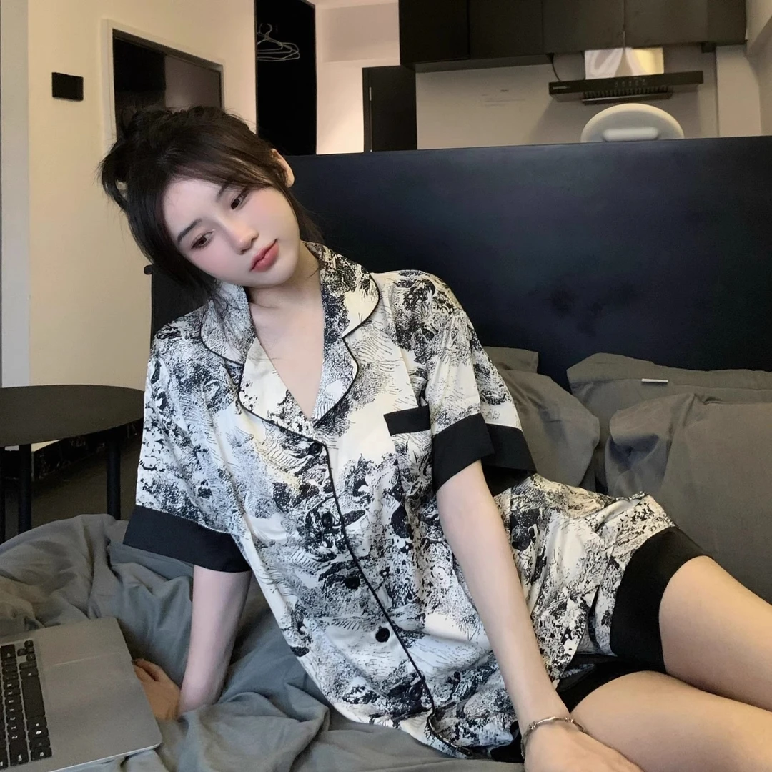 短袖睡衣女夏季冰丝薄款水墨画高级感大码胖妹妹可外穿家居服套装