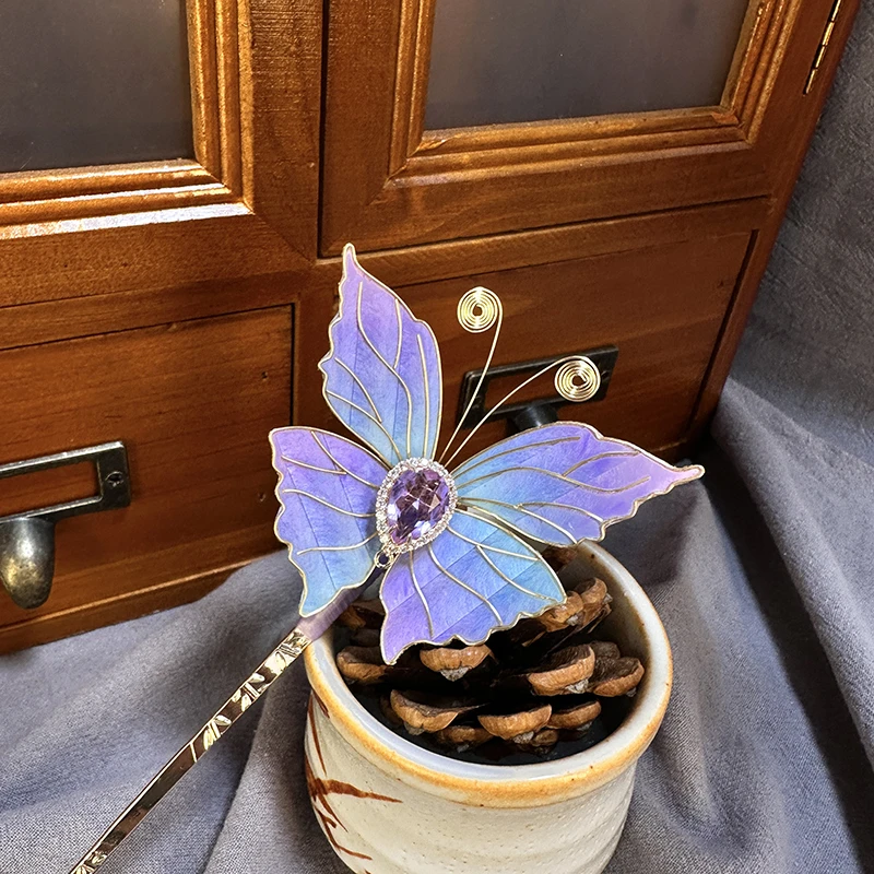 非遗手作绒花国风新中式掐丝凤蝶发簪发钗古风汉服配饰