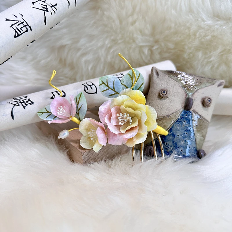 非遗手作绒花国风新中式粉黄俏色月季发簪发钗古风汉服配饰