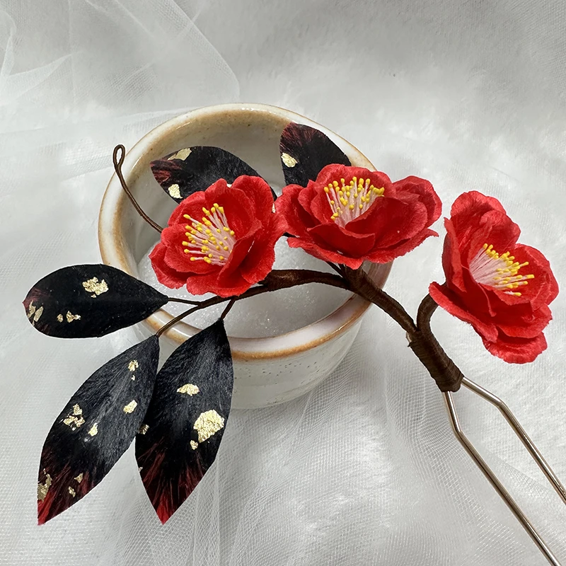 非遗手作绒花国风新中式红色山茶花发簪发钗古风汉服配饰